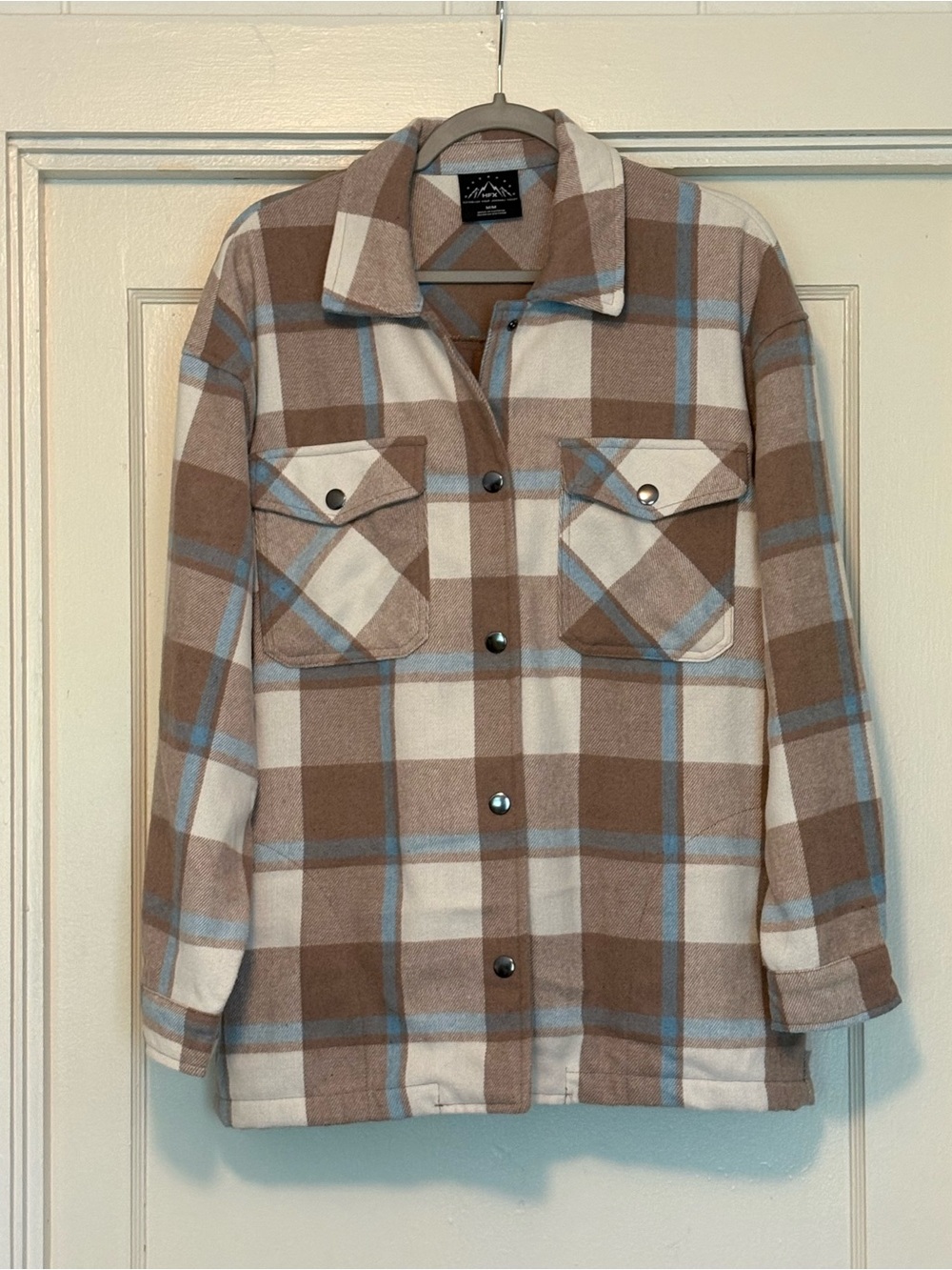 Plaid Utility Shacket Jacket in Brown, Cream & Light Blue